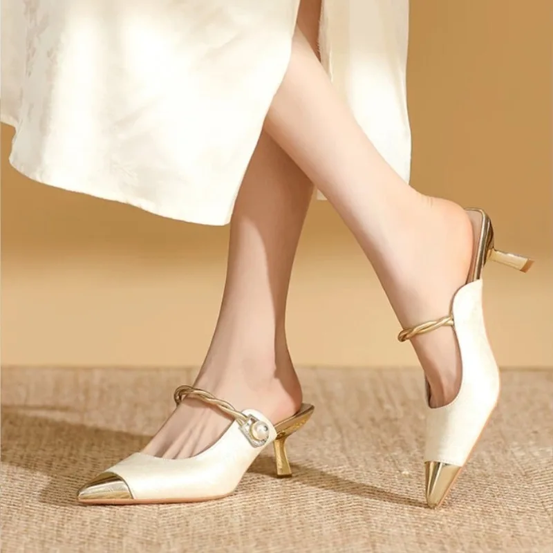 Elegante Metallspitze Stiletto High Heels für Damen, Neue Vielseitige Sommer-Pumps mit Riemen, Büro-Schuhe für Frauen