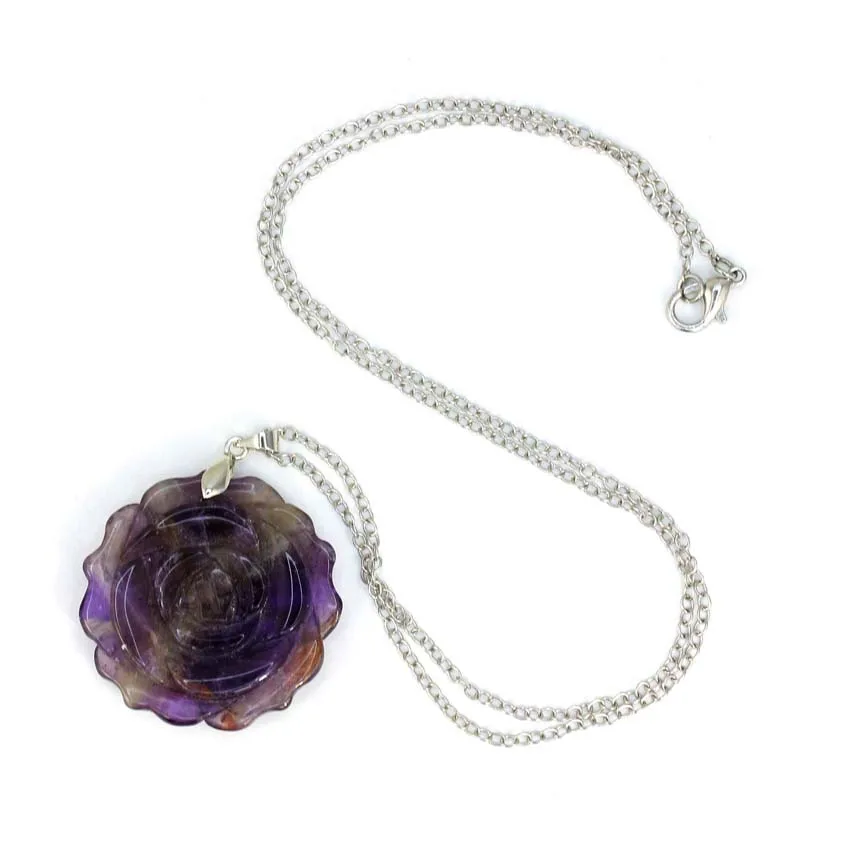 35mm Natural Crystal Carved Rose Flower Stone Pendant Amethyst Quartz Agate Lapis Lazuli Jewelry Charm Chain Necklace For Women