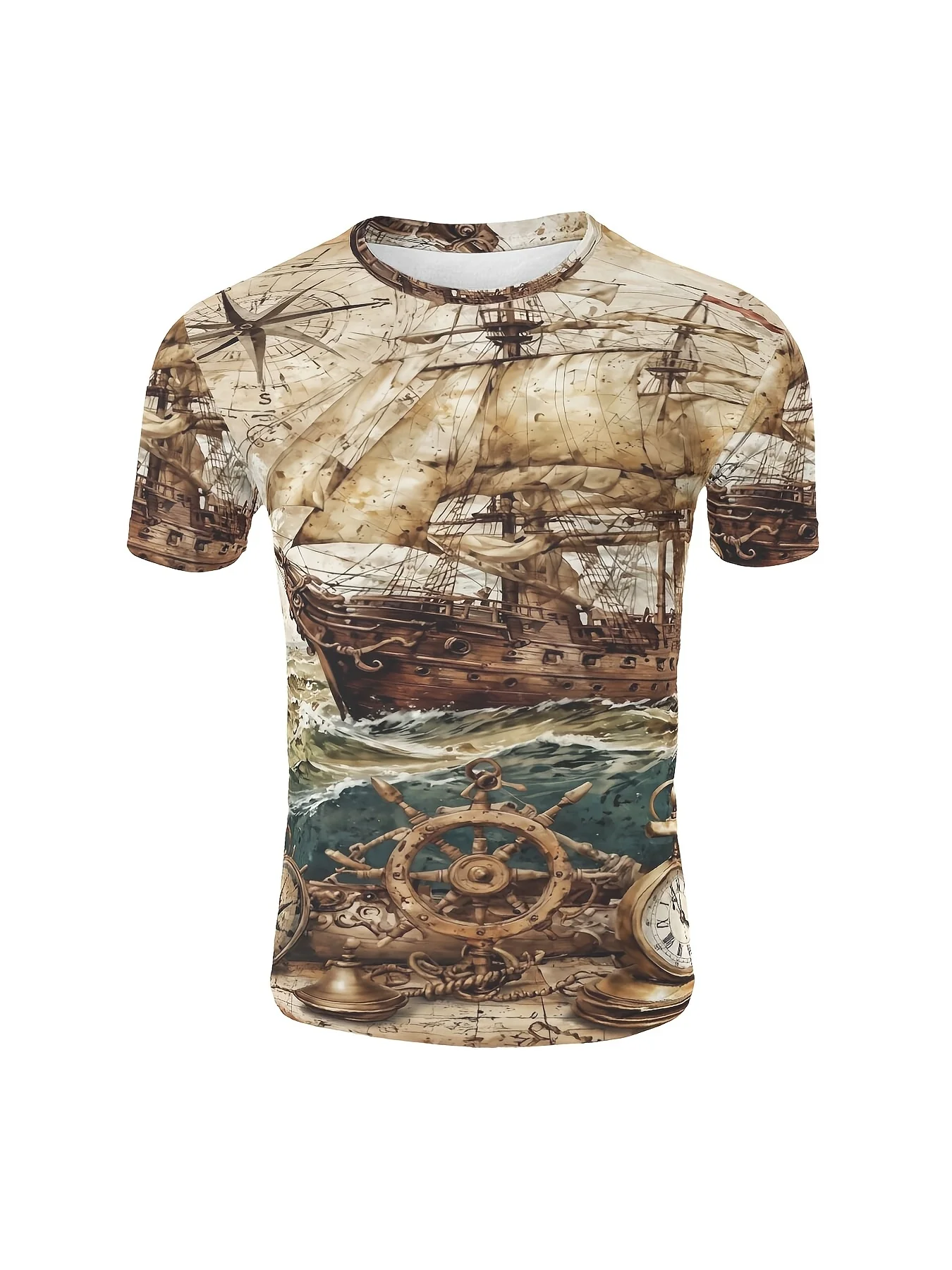 Men's Vintage Nautical Old Ship Compass Wheel Map Print T Shirt Retro Ocean Sailor Graphic Short Sleeve Casual Top