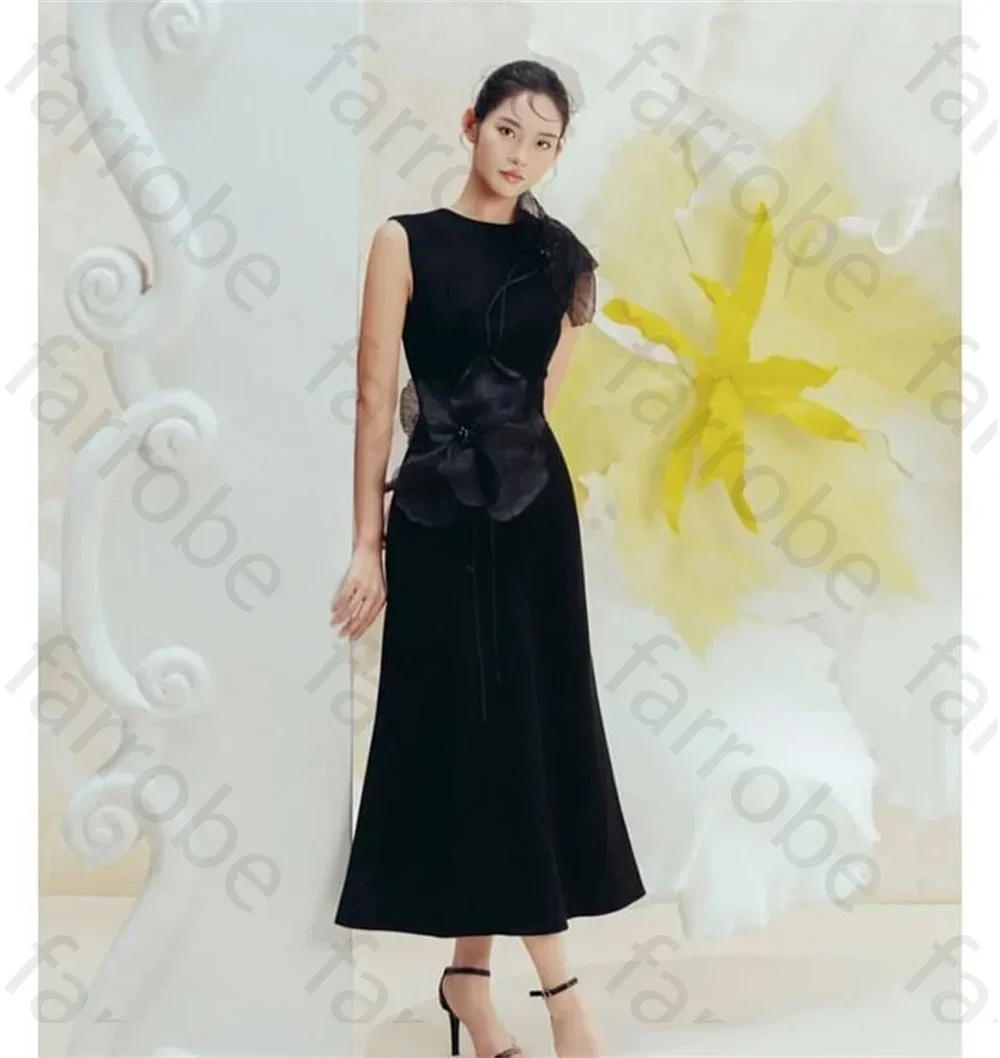 Customized Black Exquisite Evening Dress Flower Beading Ruched A-line Sleeveless Bespoke Occasion Gown Midi Dresses Party