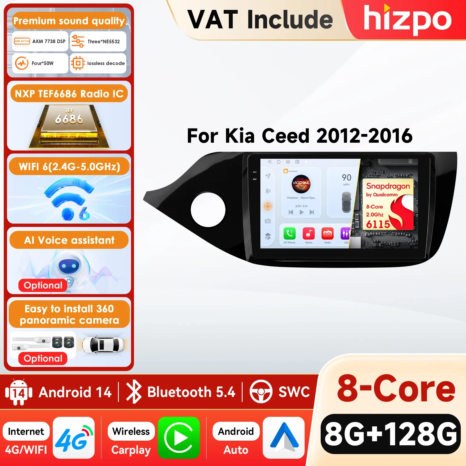 Pantalla QLED para Kia Ceed JD Cee'd 2010-2016, Reproductor Multimedia Android Auto, Audio, Video, GPS, Navegación, Radio para Auto, Estéreo, CarPlay