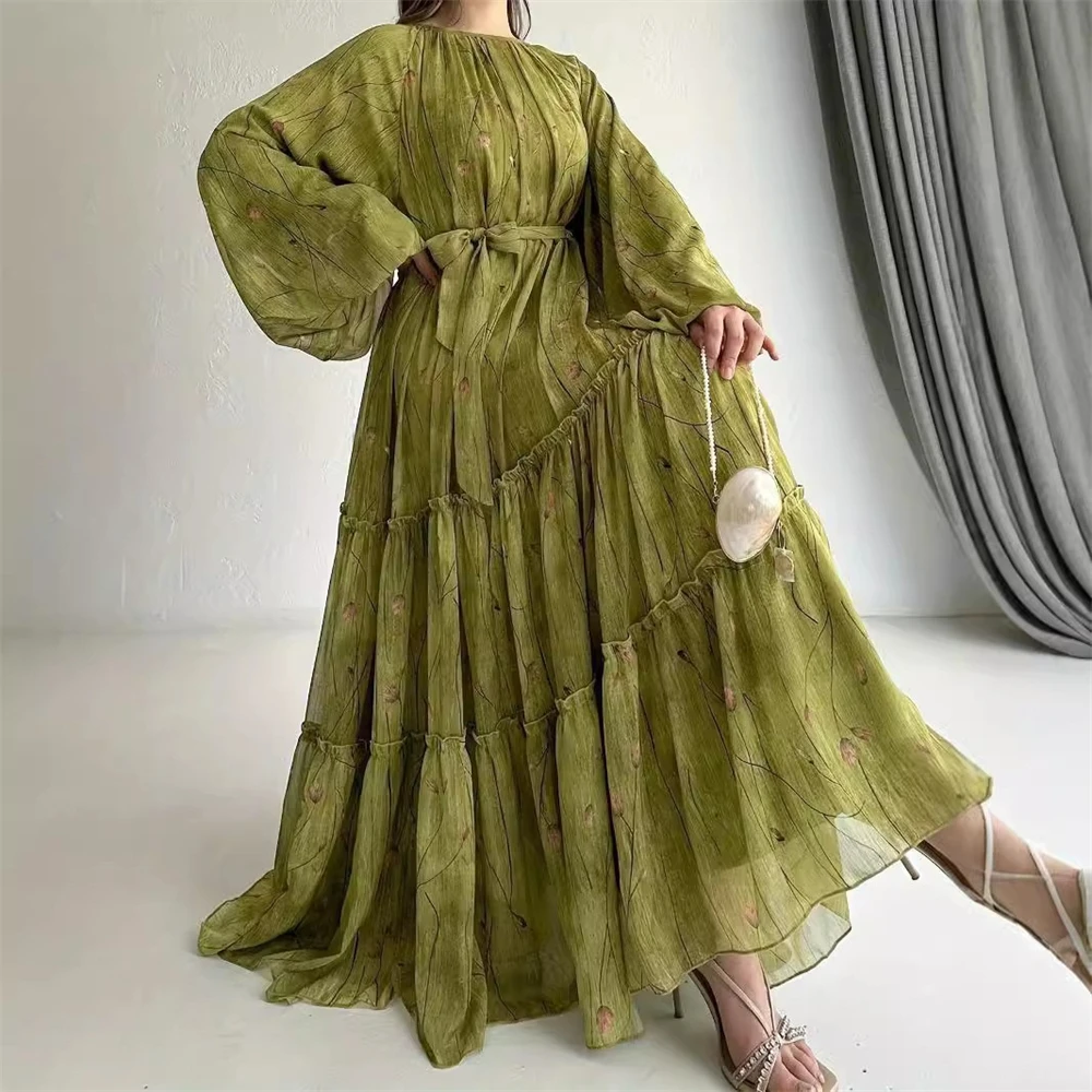 

Elegant Patchwork Flower-patterned Dress Muslim Chiffon Belted Robe