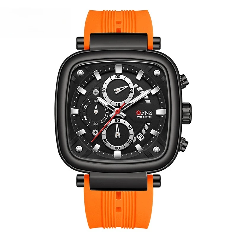 

Мужские спортивные кварцевые часы OFNS с водонепроницаемым корпусом, светящимся силиконовым ремешком, тремя циферблатами, шестью стрелками, хронографом, для отдыха.