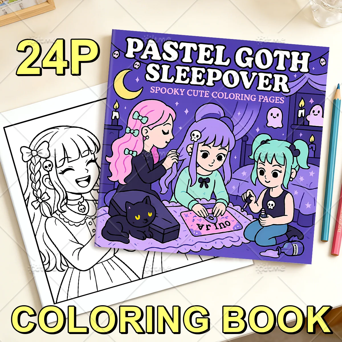 PASTEL GOTH SLEEPOVER SPOOKY Malbuch für Erwachsene mit niedlichen, gemütlichen täglichen Aktivitäten zur Entspannung (Cozy Spaces Coloring) – Detail 1