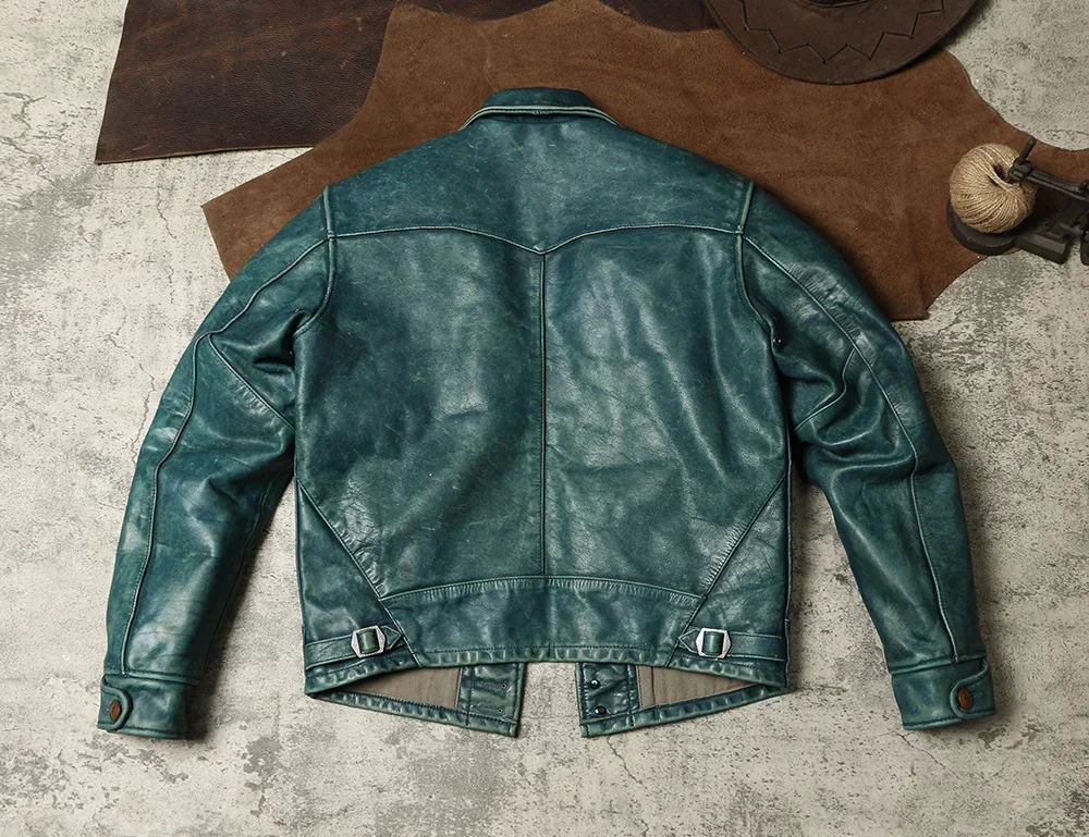 AnnualRing Sky Blue Retro Distressed Leather Jacket RRL Style Men's Genuine Leather Jacket, Top Layer Cowhide Amikaki Jacket