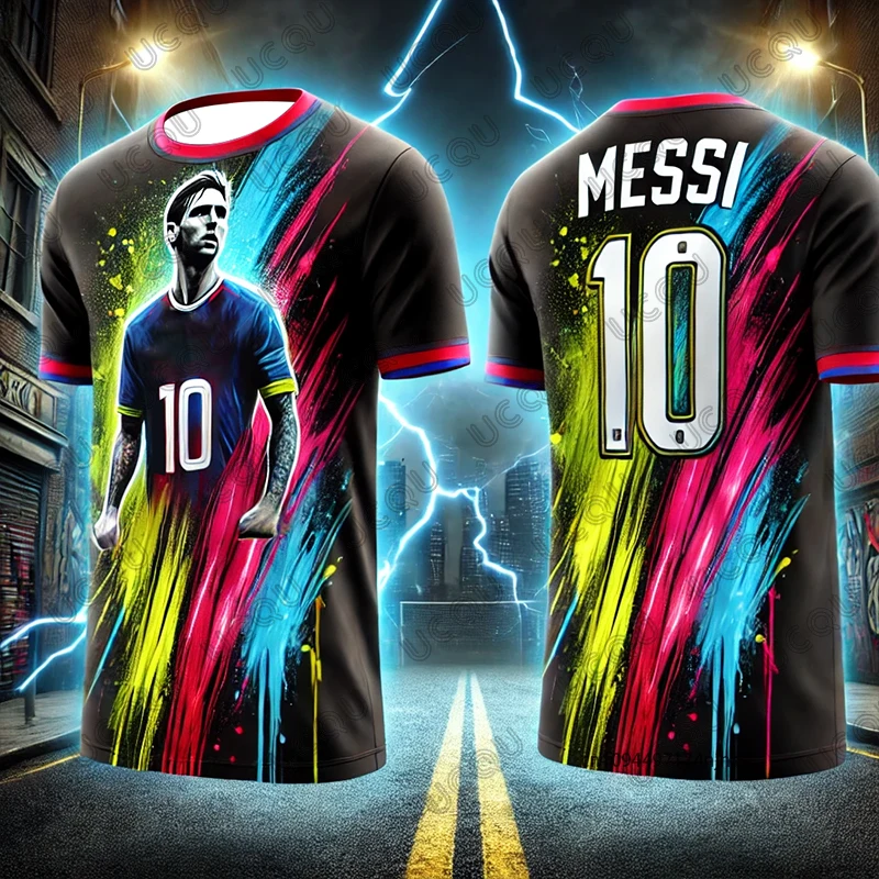 تصميم جرافيتي Ai صيفي جديد لعام 2026 ميسي # 10 طباعة كرة القدم جيرسي التي شيرت التدريب الرياضي عارضة المحملات عارضة للأطفال / الكبار قمم