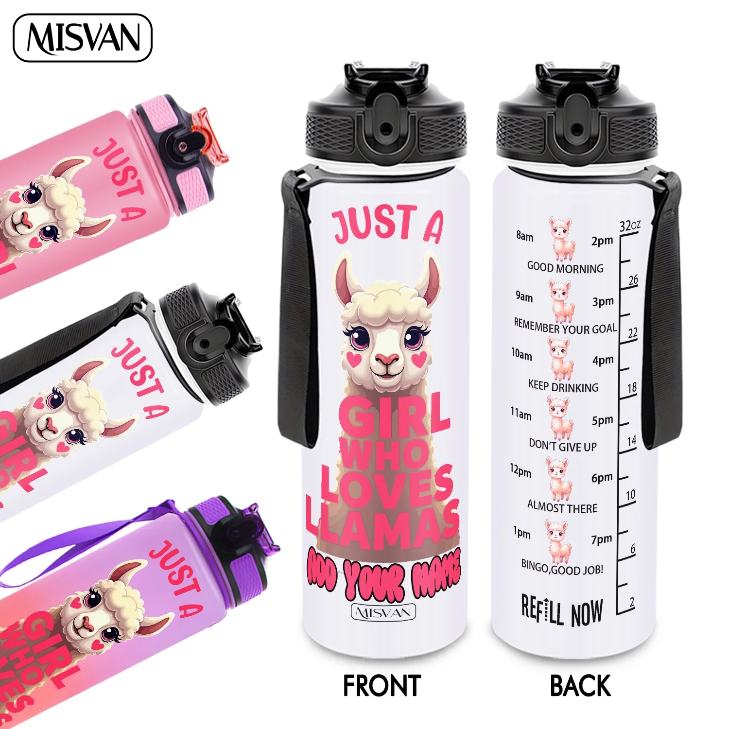 

Бутылка для воды 32 унции с индивидуальной гравировкой, милым принтом ламы и отметками времени, для ежедневного увлажнения организма, для спортзала и велоспорта, 1 шт.