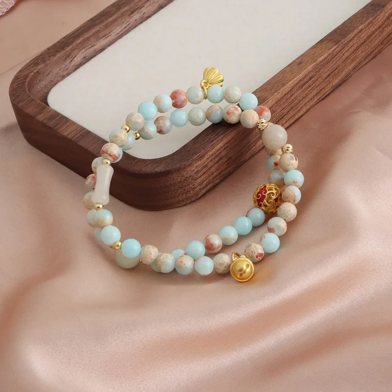 Minar Trendy Blue Colorful Natural Stone Kallaite Bamboo Joint Flower Hollow Ball Bell Double Layered Strand Bracelets for Women