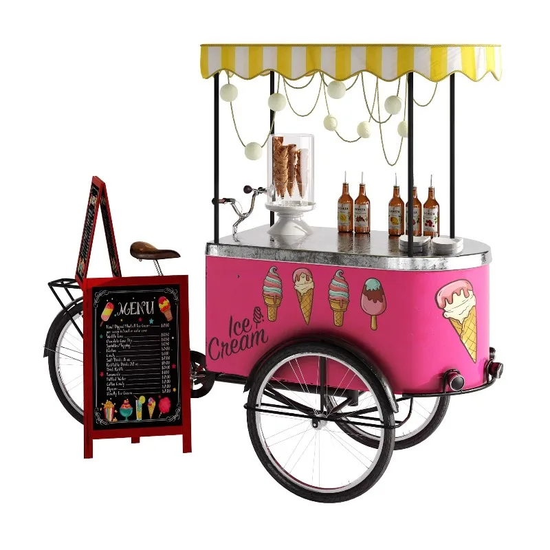 Customized Retro Mobile Hand Push Ice Cream Cart Durable Ice Cream Trolley Easy Moving Street Vending Equipment for Sale