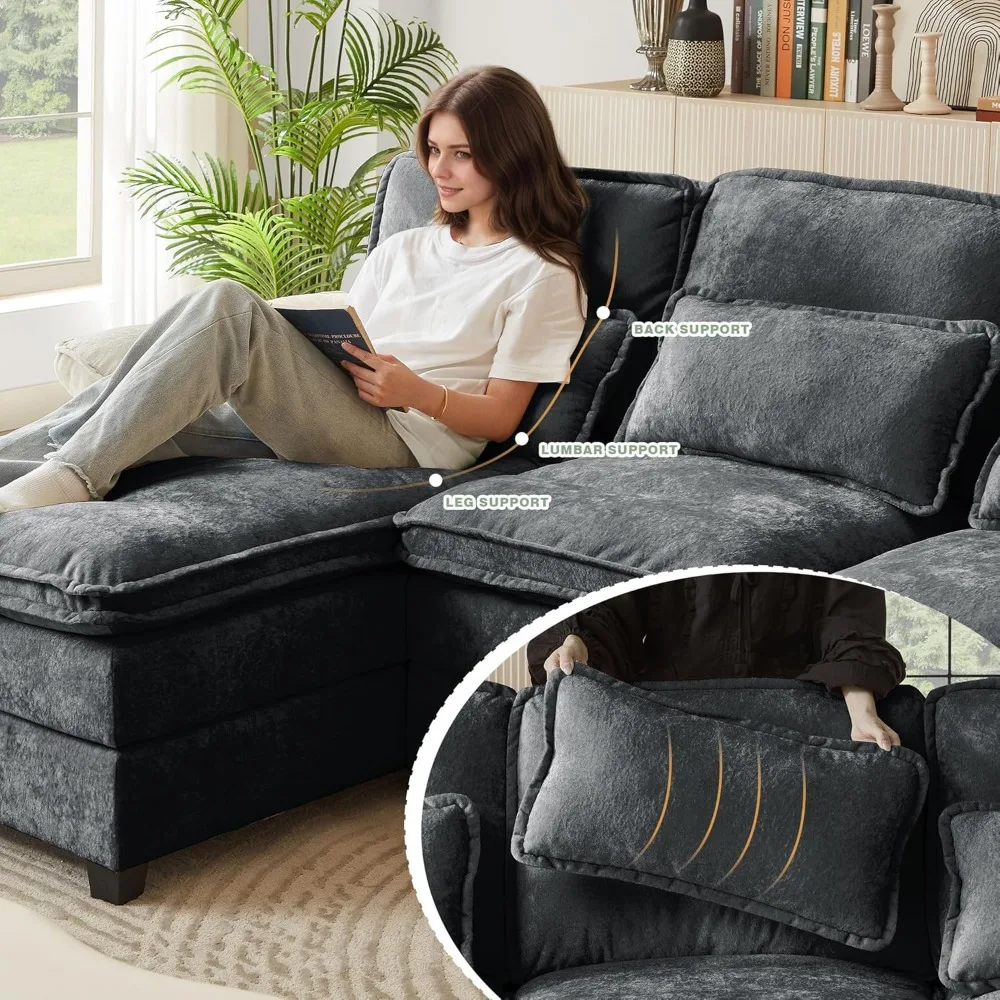 أريكة مقطعية مقاس 113 بوصة، أريكة سحابة مريحة على شكل حرف U مع كرسي مزدوج ومساند للذراعين مبطنة، أريكة مقسمة عميقة حديثة