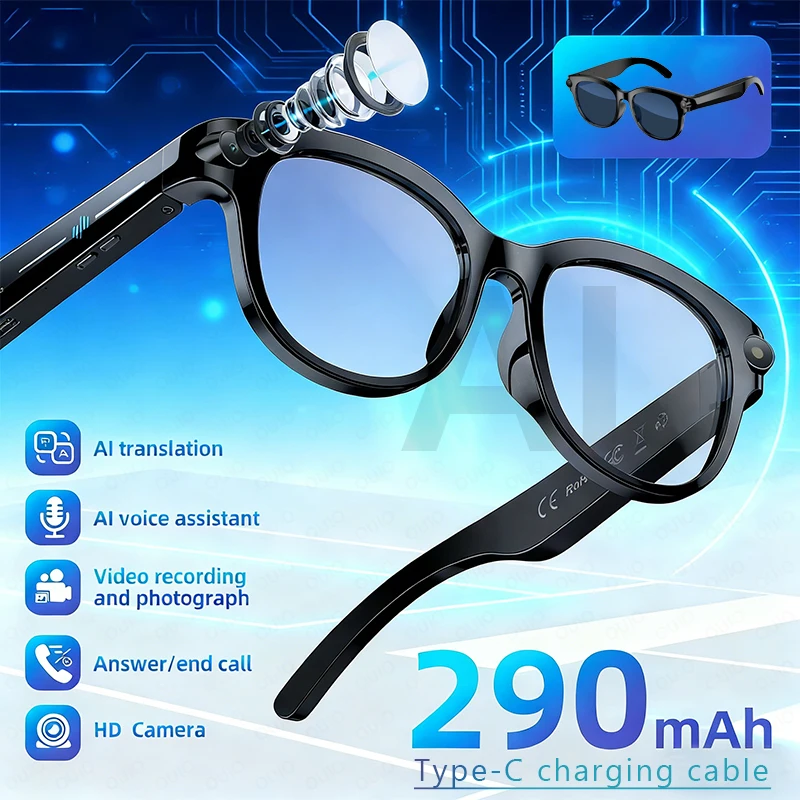2026年新型aiスマートグラス-290mahバッテリー-200万画素hdカメラ-ビデオ翻訳-aiインテリジェントq-a-音楽音声アシスタント-スマートグラス