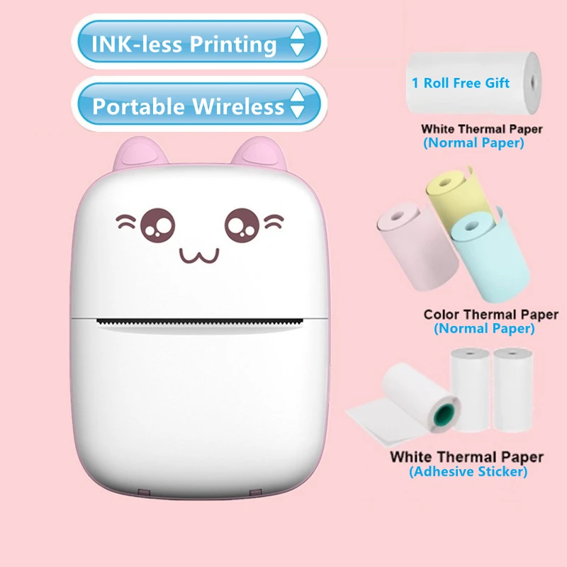 Mini Thermal Printer Portable Ink-free Thermal Wirelessly BT 203dpi Photo Label Memo Wrong Question Printing With USB Cable 57mm