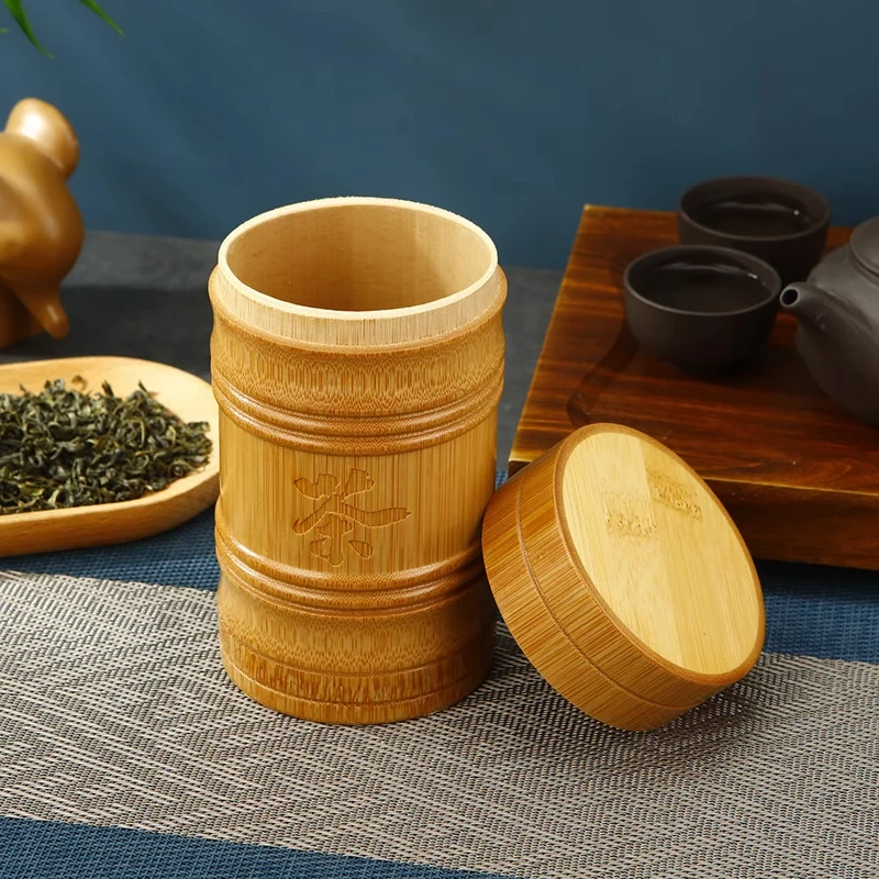 Handmade Bamboo Tea Storage Box Chinese Carved Tea Canister Lid Seal Kitchen Storage Jars Food Nuts Spice Box Case Organizer