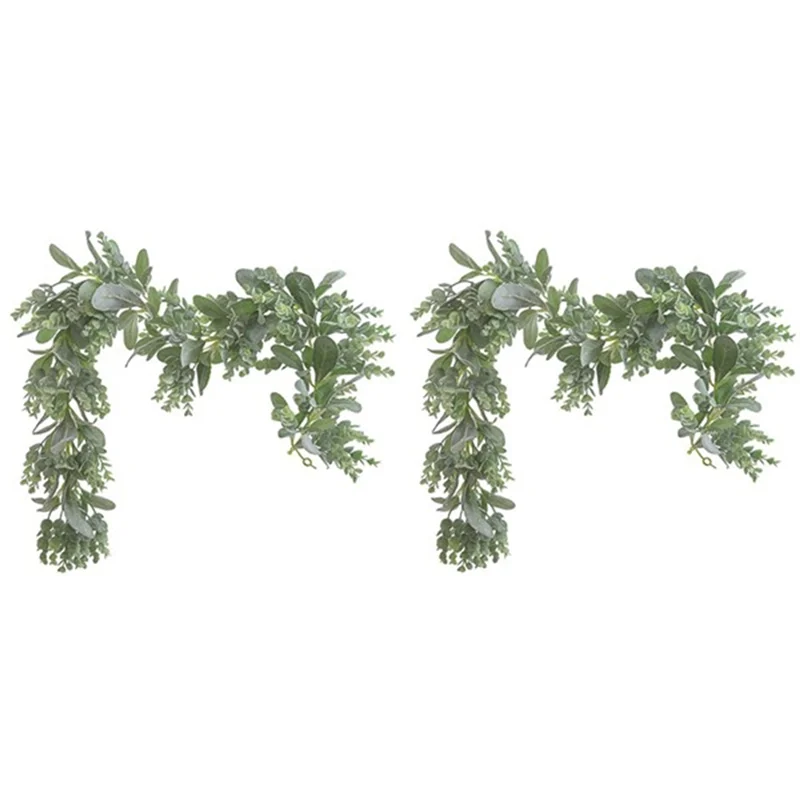 2Pc Lambs Ear Garland Greenery and Eucalyptus Vine / 38 Inches Long/Light Colored Flocked Leaves/Soft and Drapey Wedding