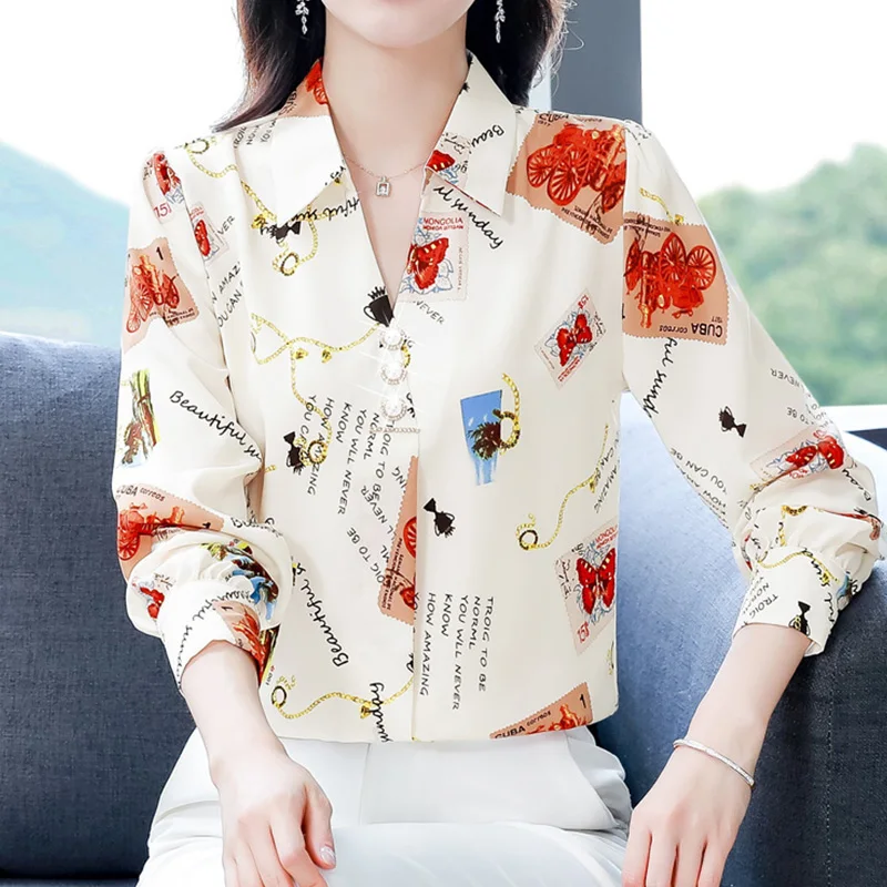 Versatile and Fashionable Long Sleeved Chiffon Shirt Turn-down Collar Multi-element Printing Diamonds Women\'s Pullover Blouses