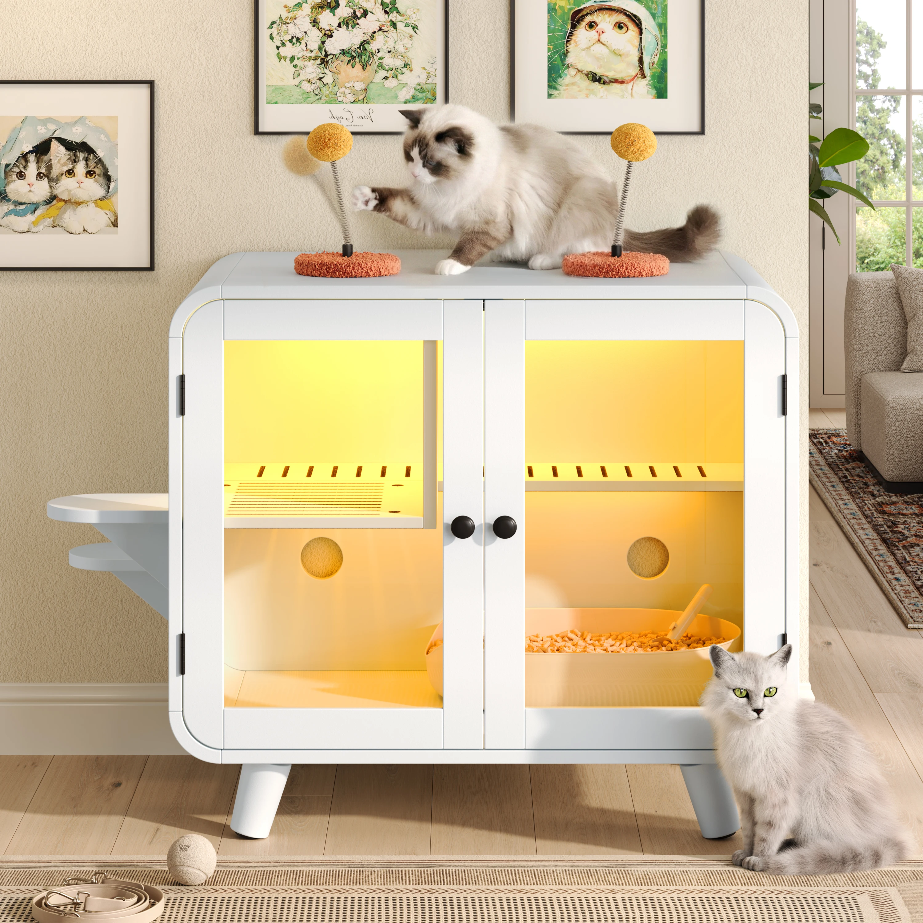 Hidden Cat Litter Box Enclosure with RGB LED Light Large Capacity Remote/App/Voice Control Glass Doors White