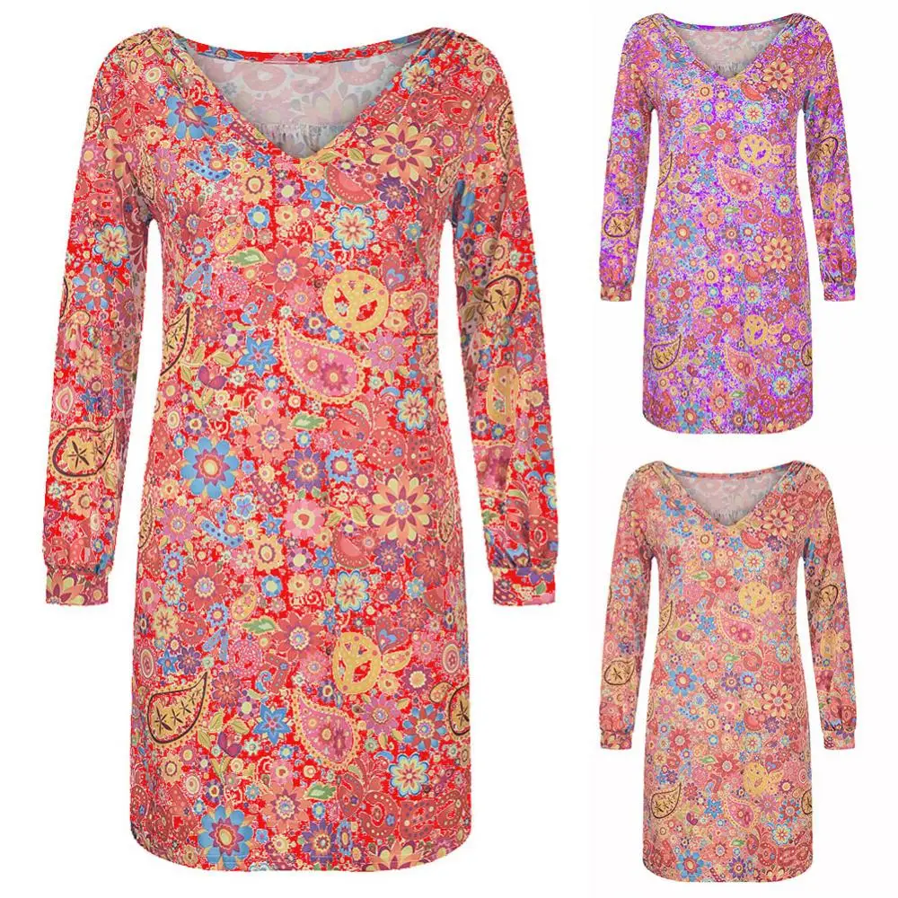 New Women Casual Multicolor Paisley Print Long Sleeve V Neck Summer Loose Mini Dress