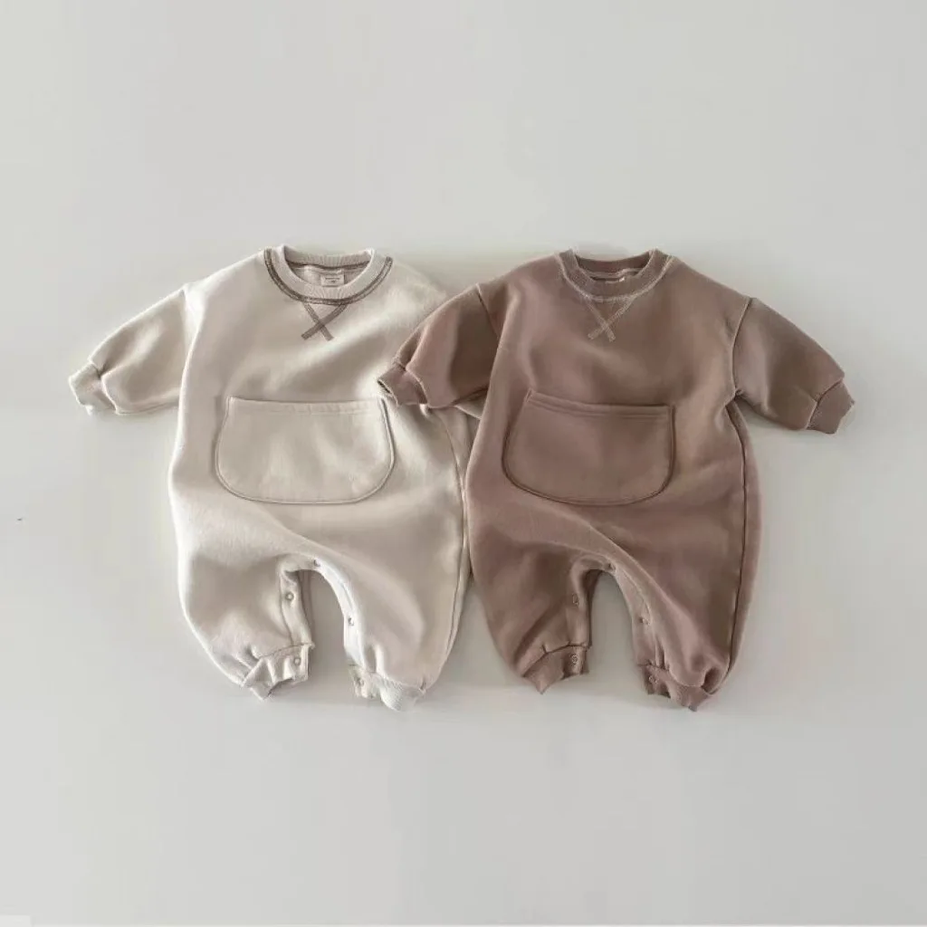 2024 Spring New Baby Long Sleeve Romper Boy Girl Newborn Large Pocket Jumpsuit Cotton Infant Versatile Casual Clothes 0-24M