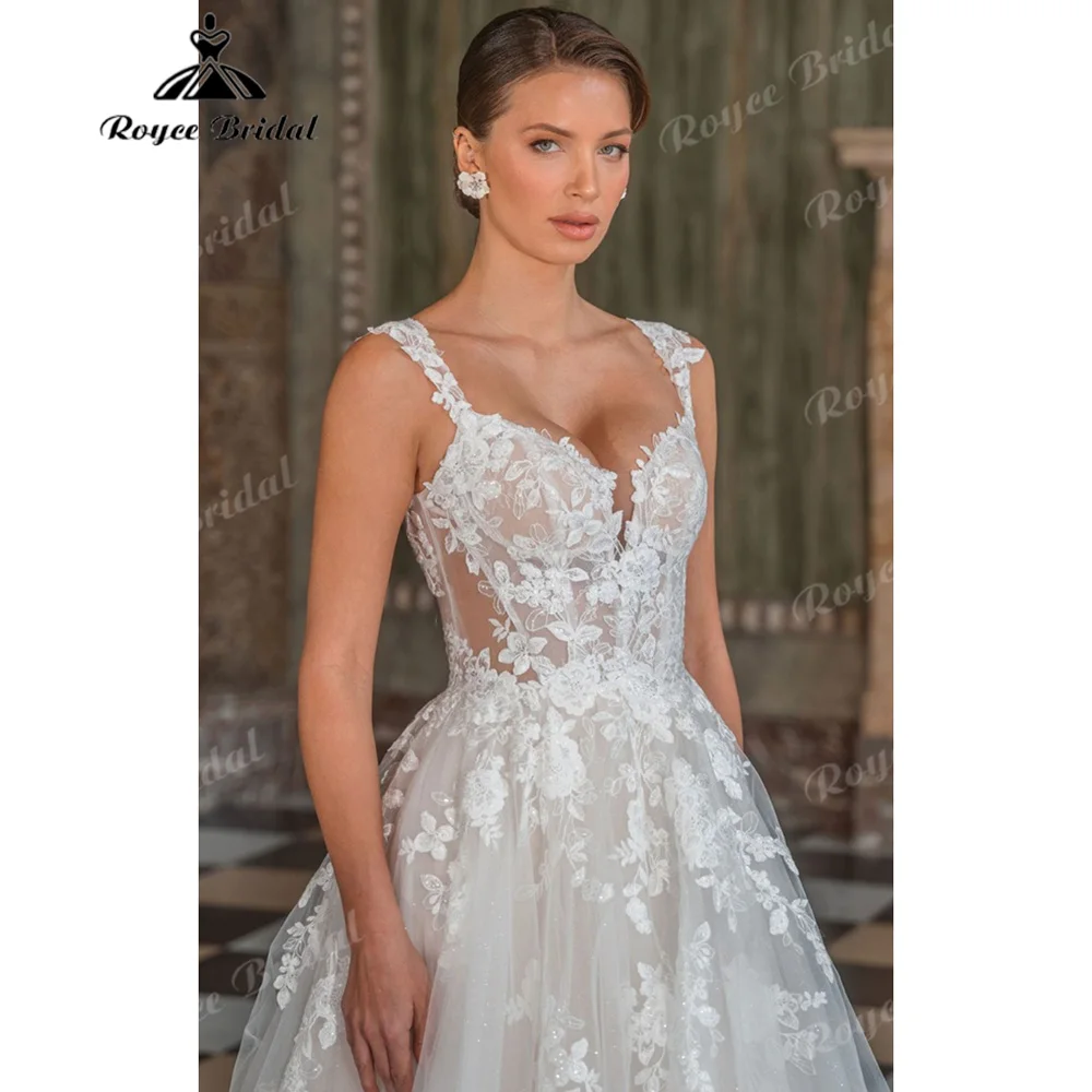 Lace Strap Sweetheart Illusion Corset Wedding Dress Sparkle Tulle Back Button Chapel Train Garden Bridal Gown Customized