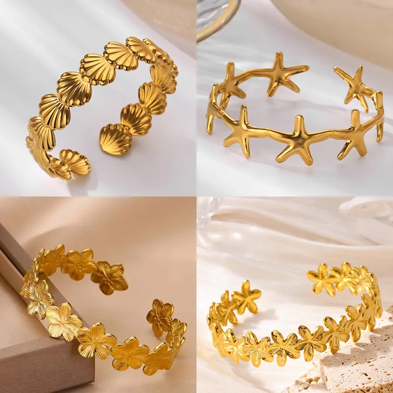 Shell Cuff Bracelets For Women Gold Color Stainless Steel Opening Bracelet Bangles Luxury Brands Summer Beach Wrist Jewelry Gift