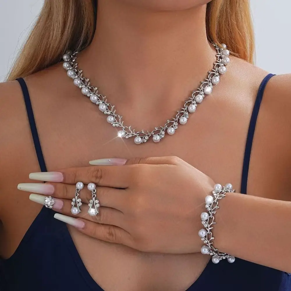 4 قطع خمر قلادة أقراط سوار مجموعة البوهيمي نمط سبائك اللؤلؤ والمجوهرات مجموعة الحلو حساسة النساء المجوهرات دعوى حزب #3