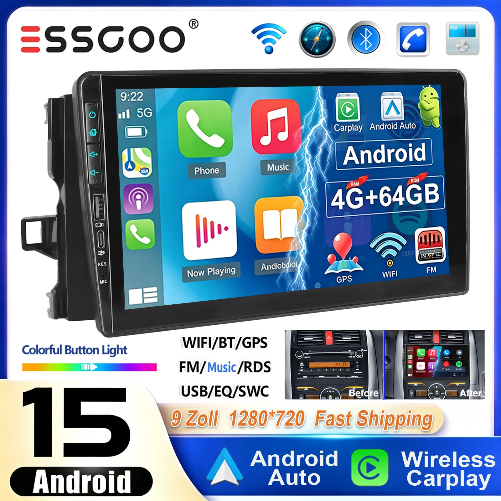 ESSGOO Autoradio für Toyota Auris 2006-2012, 9 Zoll QLED-Touchscreen, Android 15, 4+64G, Autoradio mit kabellosem Carplay, GPS-Navigation, Bluetooth, FM, RDS, SWC, WiFi, DAB, USB Typ-C, 7 farbige