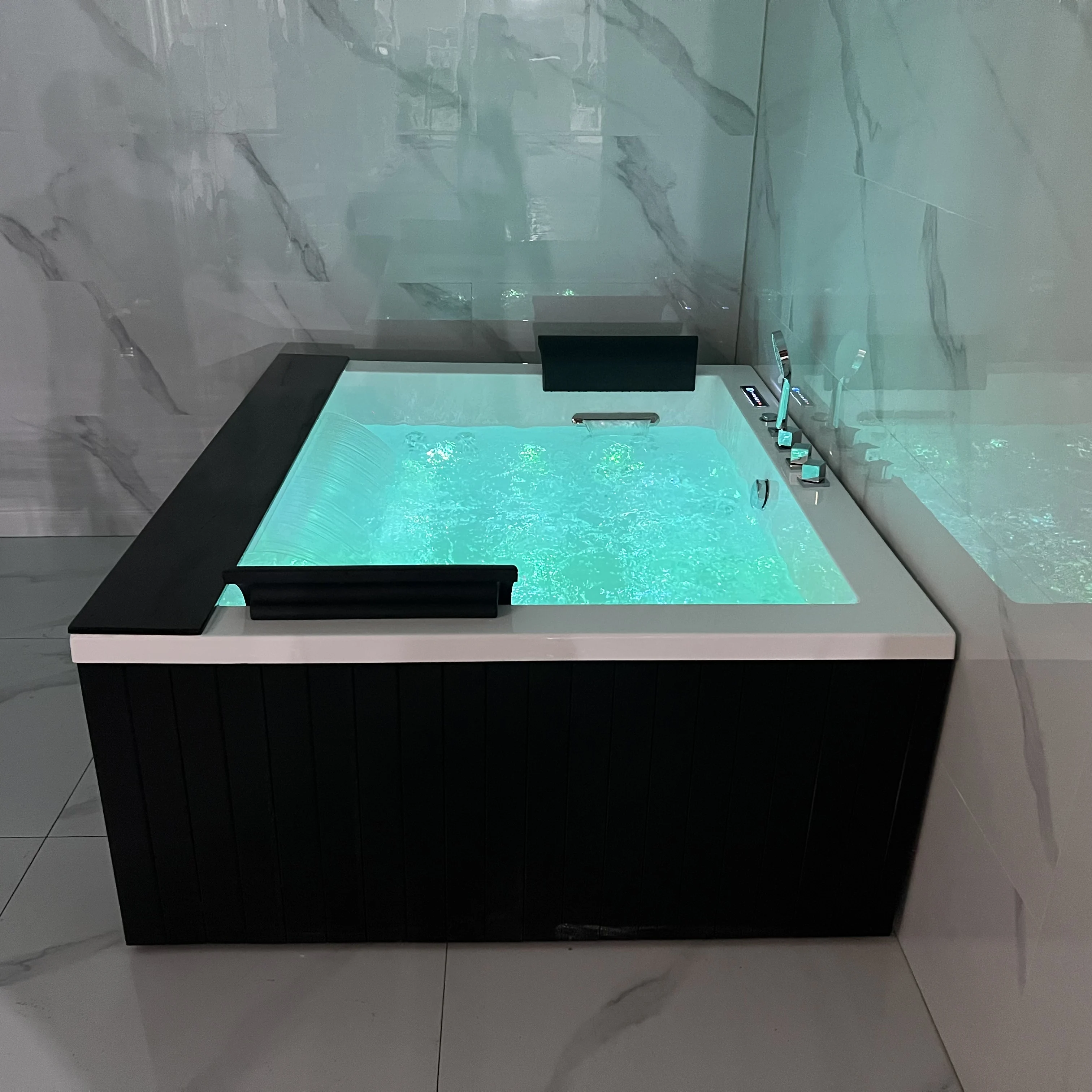 Rokbath WB-5021A Double Acrylic Whirlpool Jacuzzi With Bubble LED Light With Waterfall With Stone Table