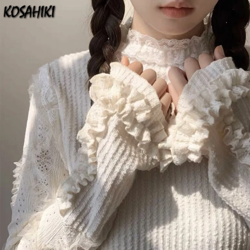 2024 Autumn Y2k Aesthetic Lace Patchwork T-shirts Fairy Grunge Knitted Slim Fit Japanese Tops Women Harajuku Ruffled Cute Tees