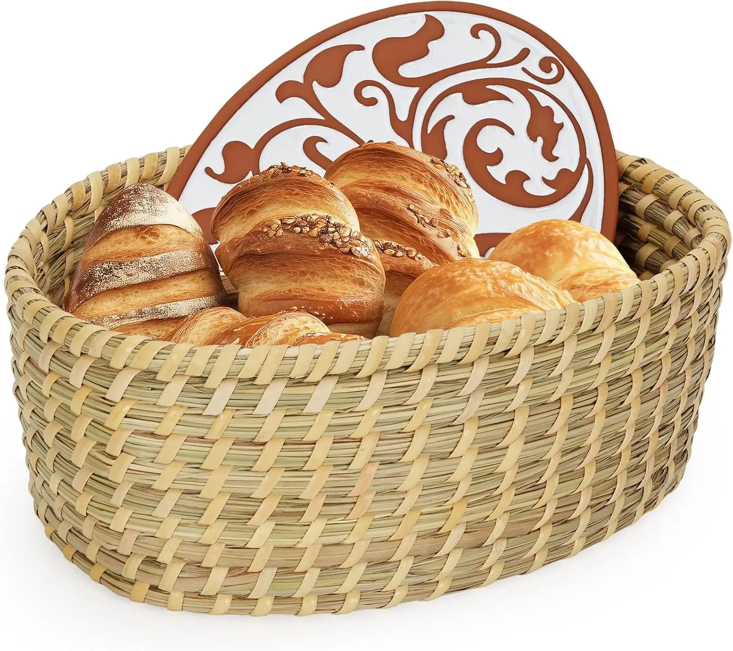 

12 Inch Handmade Bread Warmer Basket with Terracotta Stone, Natural Woven Serving for Rolls & Sourdough, Ideal Housewarming Gift