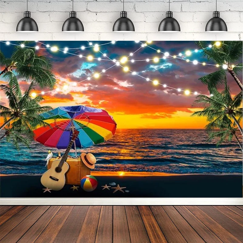 Sea Sunset Photography Backdrop Summer Beach For Children Birthday Cake Smash Background Palm String Lights Wooden Door Decor