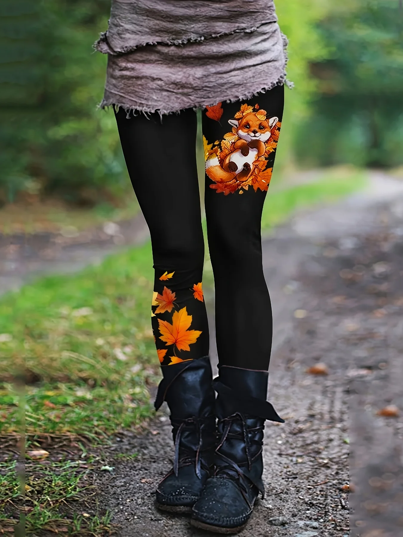 Women's Mid‑Rise Fleece Lined Leggings Cute Fox Maple Leaf Autumn Print Stretch Slim Warm Ladies Casual Pants