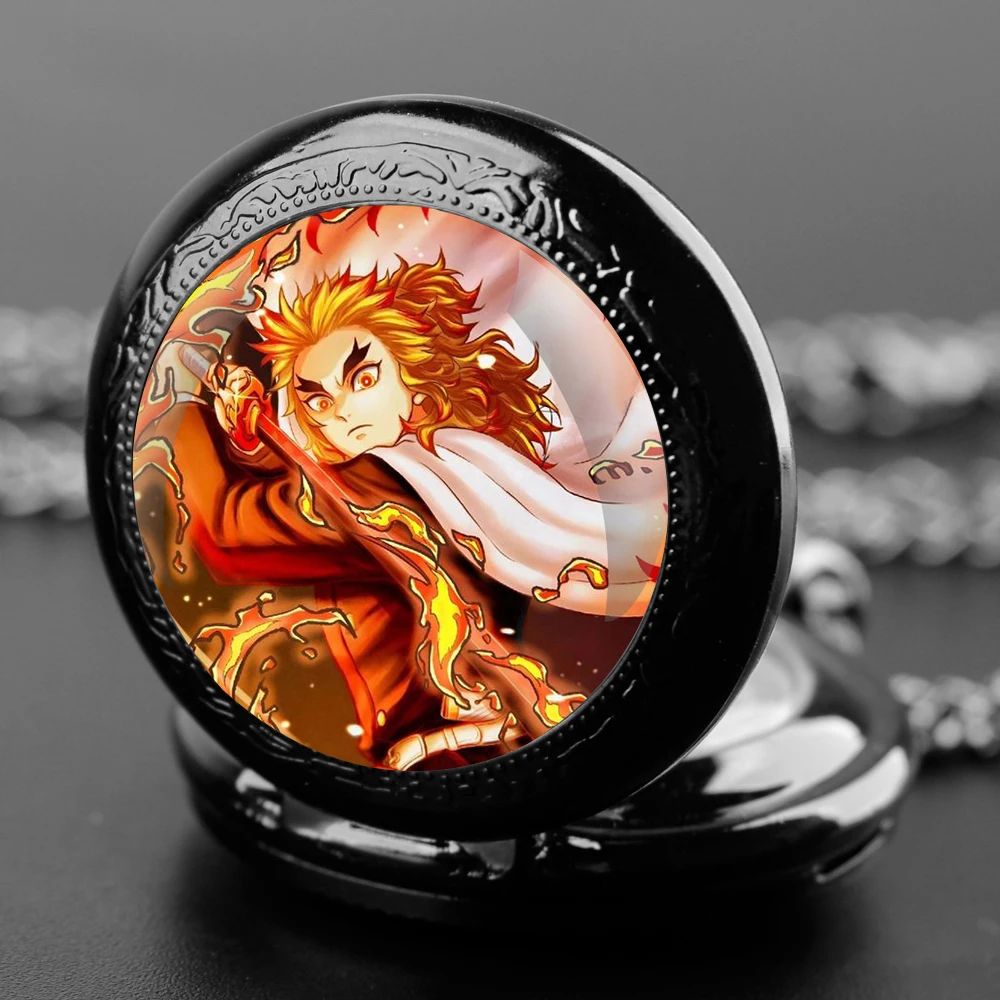 Rengoku Kyoujurou Design Glass Dome Quartz Pocket Watch with Arabic Numeral Dial on Chain - Ideal Present for Special Occasions