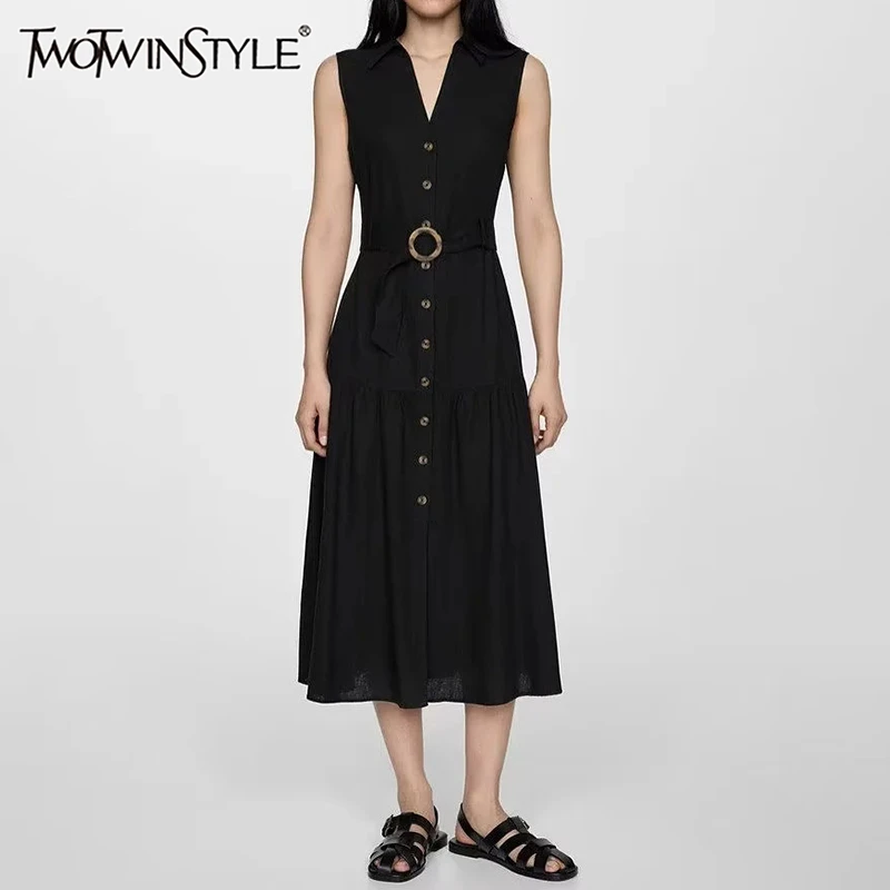 

TWOTWINSTYLE Solid Casual Patchwork Belt Dress For Women V Neck Sleeveless High Waist Spliced Button Loose Dresses Female New