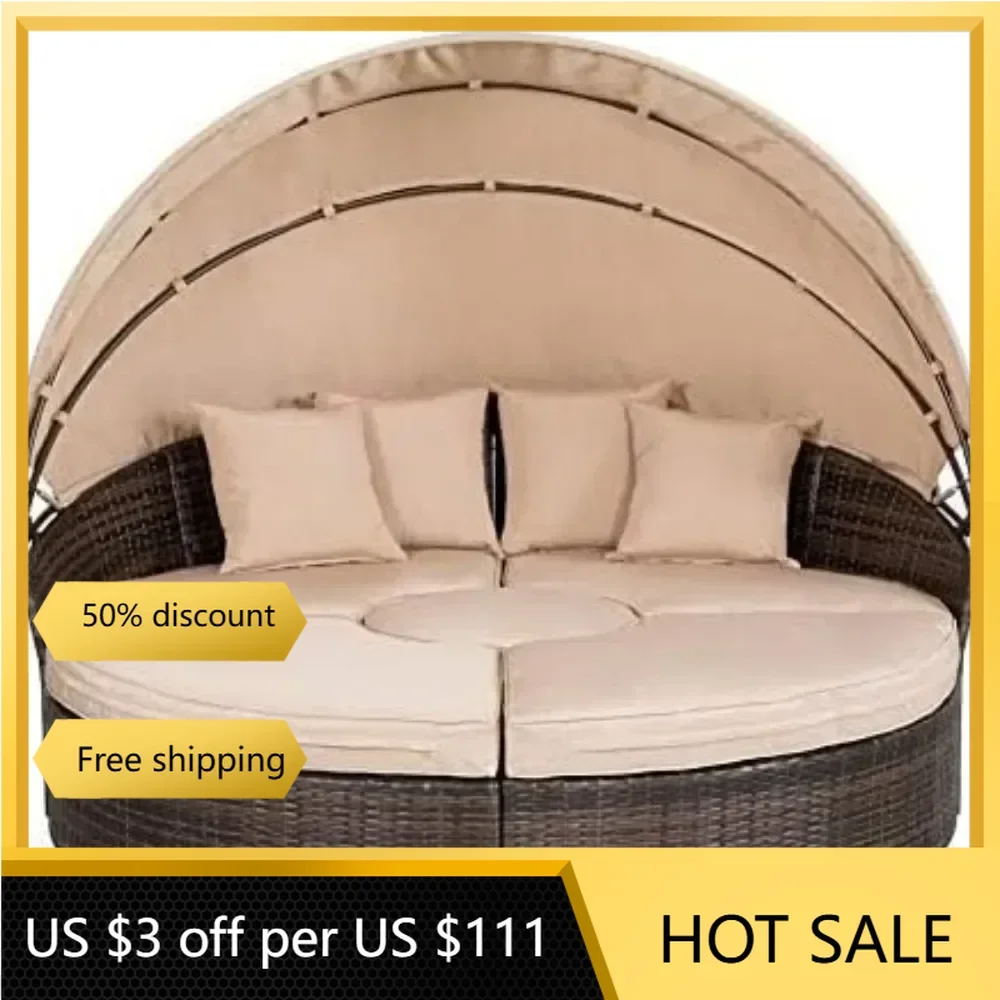 Outdoor Terrace Canopy Bed with Washable Soft Cushion, Clamshell Shaped Segmented Seats, Suitable for Backyard, Porch, (brown)