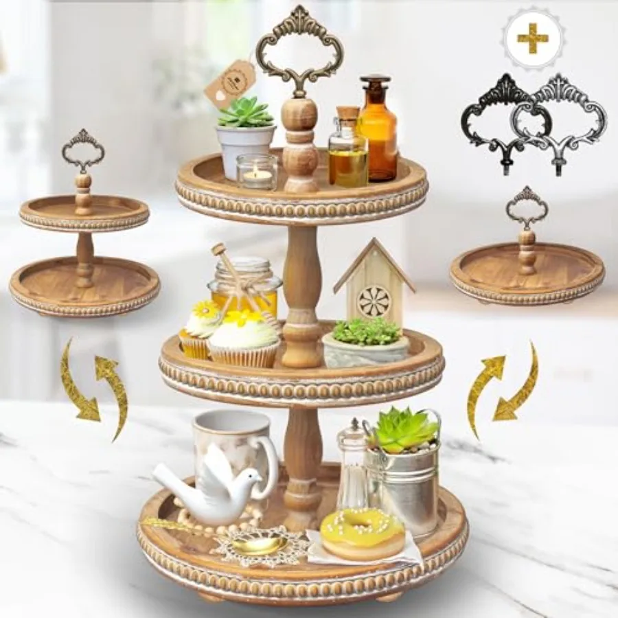 

[3-in-1] Wooden Tiered Tray Stand - Beaded 3 Tiered Tray Decor Wood Cupcake Stand for Farmhouse Country Rustic Home - 3 Tier St