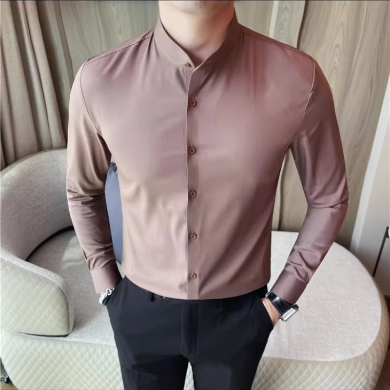 

Men's Seamless Stand Up Collar Shirt Autumn Solid Color Business Casual Long Sleeved Shirt Office Uniform Formal Dress Shirts