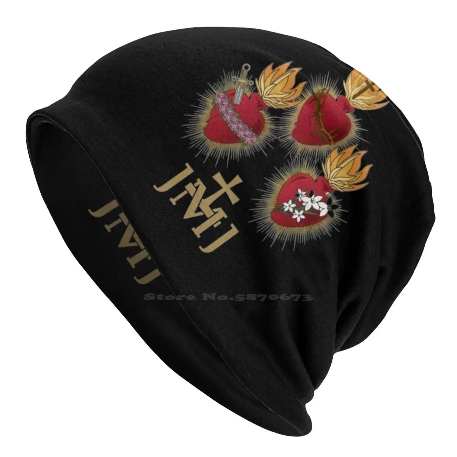 Sacred Heart Of Jesus , Immaculate Heart Of Mary , Chaste Heart Of St. Joseph , Hearts Of The Holy Family Jmj Knitted Hat Warm