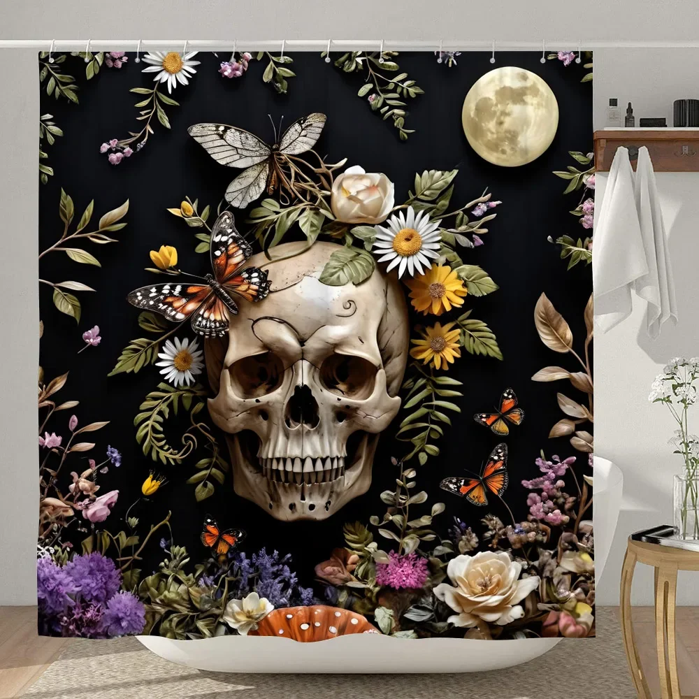 Halloween Shower Curtain Skulls Boho Vintage Floral Scary Trick or Treat Elf Polyester Shower Curtains Bathroom Decor with Hooks