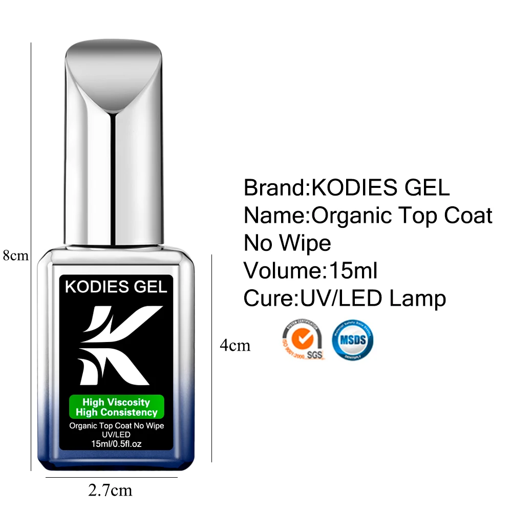 Kodies Gel Organische Top Coat Gel Nagellak Geen Plakkerige Ultra Shine Afwerking Langdurige Doorweekt Gel Vernis Basis Lak Lak Lak