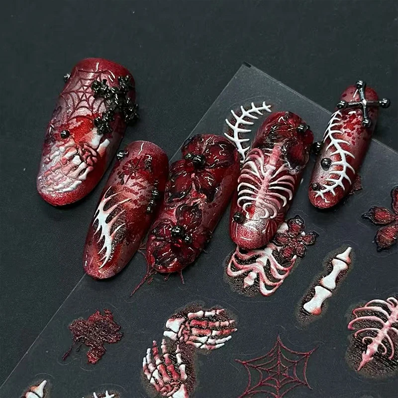 1Pcs Halloween Skeleton 5D Embossed Nail Stickers Ribcage Jewelry Flower  Decals Elegant Holiday Nail Art Decor