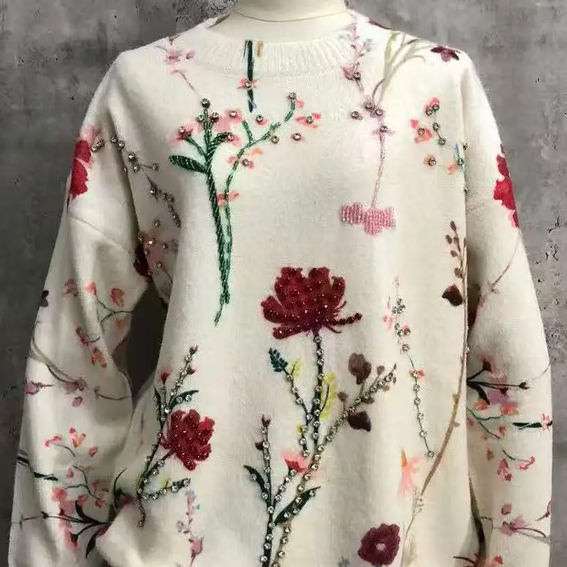 High-end Sparkle Diamonds Flowers Printed Sweater Women\'s Autumn Winter Clothes New Trend Outerwears Knitted Pullover pull femme