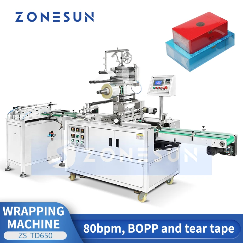 ZONESUN ZS-TD650 Automatic Cellophane Overwrapping Machine BOPP Film Box Wrapping Packaging Machine with Tear Tape