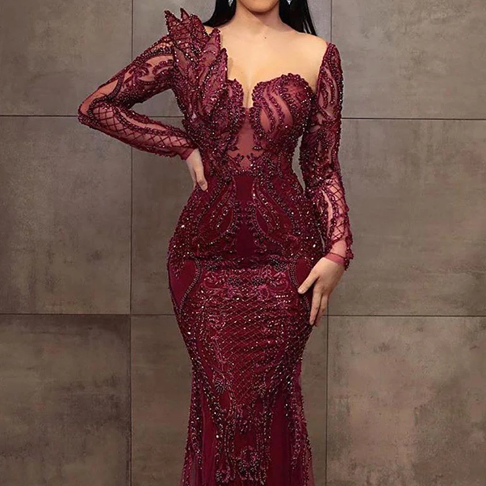 Burgundy Sequined Beading Evening Dresses Full Sleeves Mermaid Asymmetrical Design Formal Party Prom Gowns Vestido De Fiesta