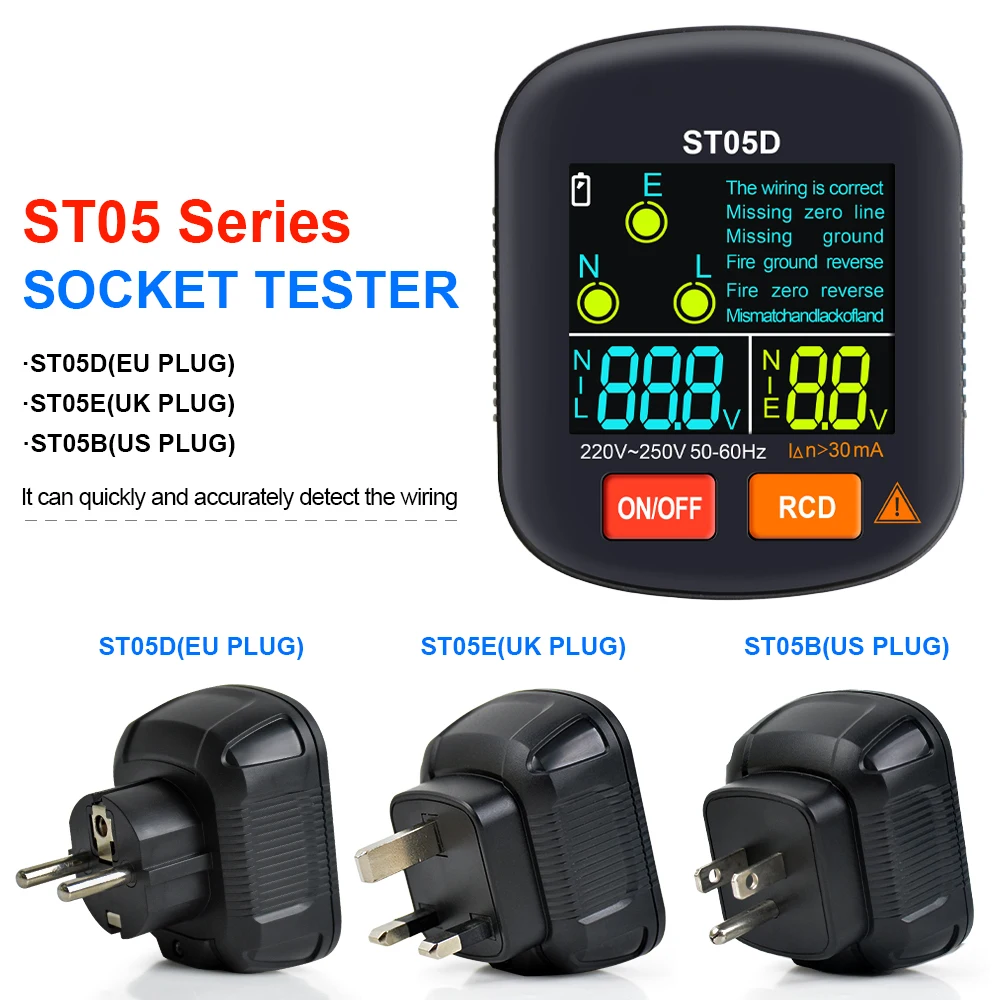 

ST05 Digital Display Socket Tester RCD GFCI NCV Test Outlet Checker Ground Zero Line 30mA Smart Socket Detector US/EU/UK Plug