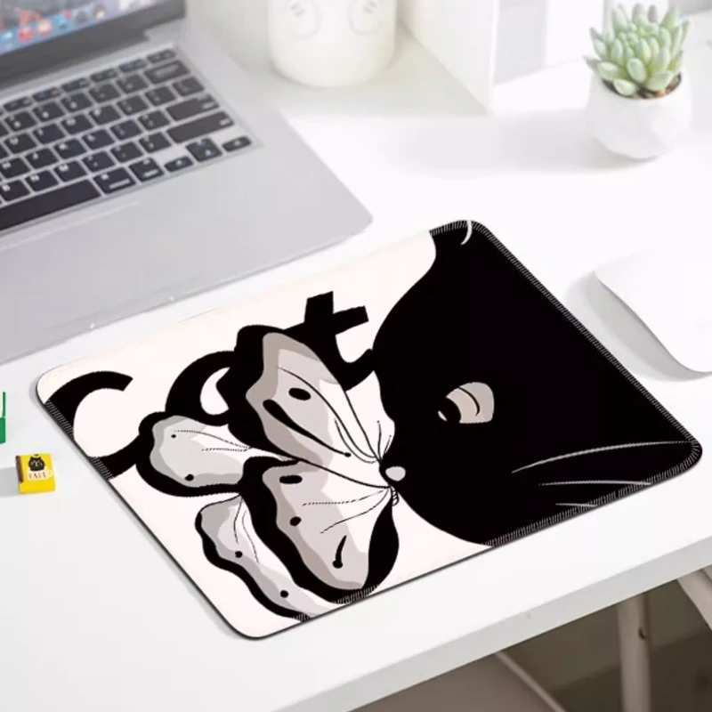 Small Cute Black Cat PU Leather Mouse Pad | Portable Stitched Desk Mat for Home Office, Minimalist Keyboard Companion
