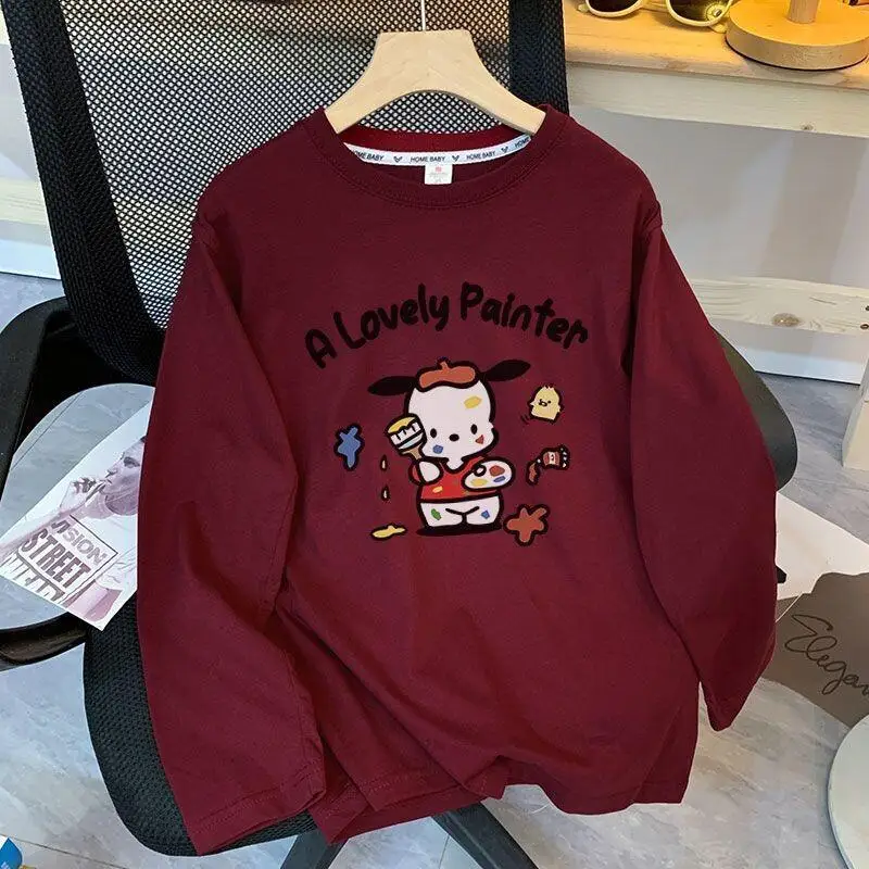 

Женская футболка Sanrio Pochacco с длинными рукавами из чистого хлопка, новая осенняя повседневная футболка в студенческом стиле, модная, в американском стиле, милый многослойный топ