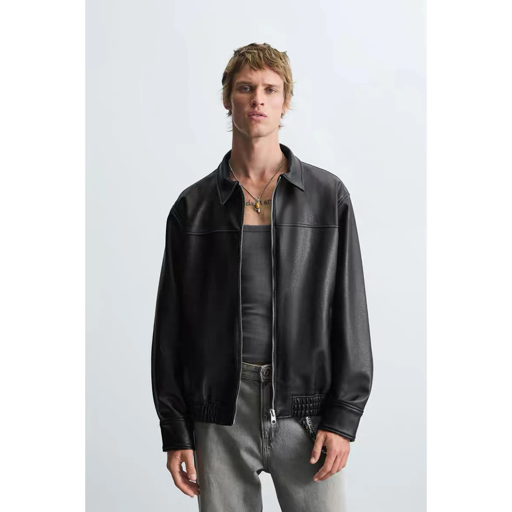 

Loose Fit Pilot Jaet Zipper Closure Leather Simulation Men's Casual Sle Windproof Long Sve Coat New Arrival Summer 2025