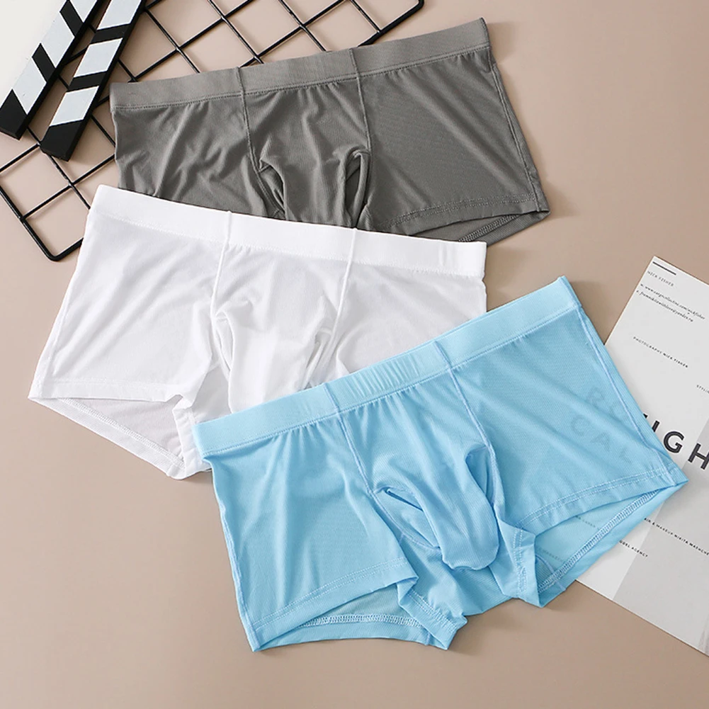 Boxers de bojo de seda gelada masculinos, troncos longos com bainha, shorts translúcidos ultrafinos, roupa interior confortável respirável, cuecas