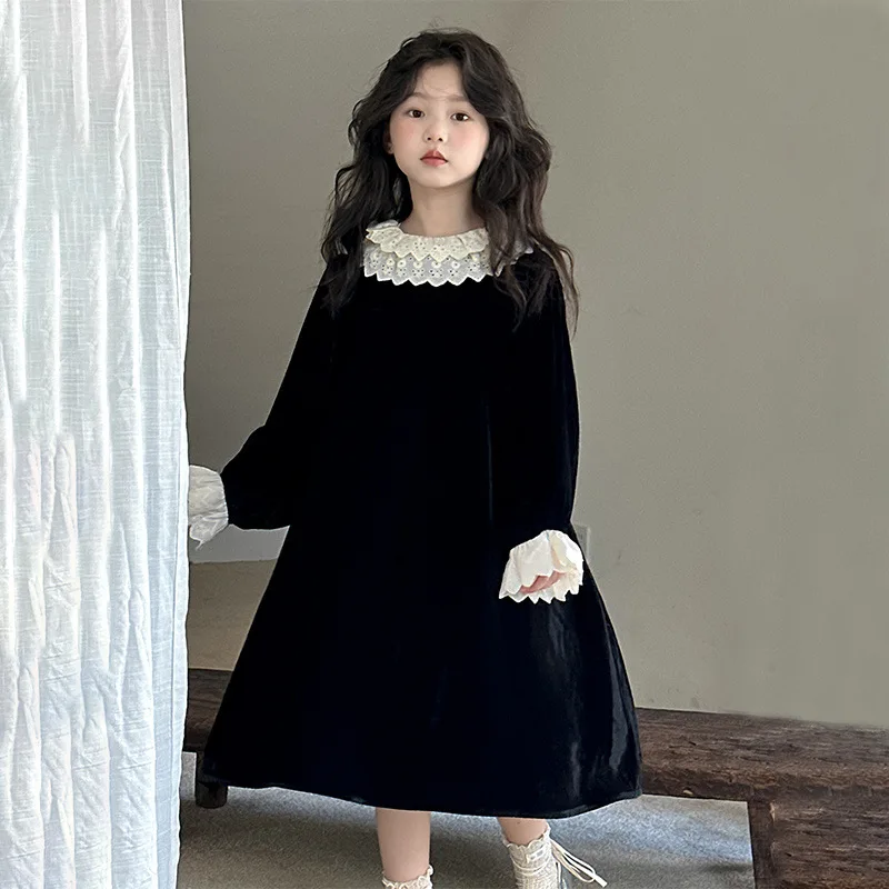 Girls Dress Autumn and Winter 2024 New Children Velvet High-grade Long-sleeved Foreign Princess Dress Korean Simple Style