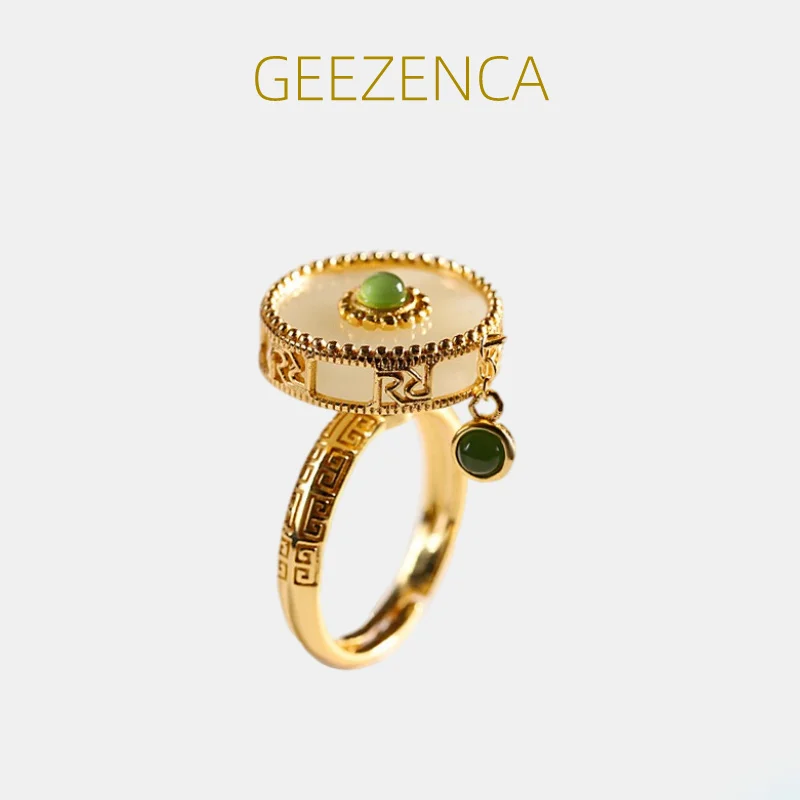 

GEEZENCA 925 Sterling Silver Gold Plated Natural Jade Rotating Rings For Women Vintage Luxury Gemstone Lucky Ring 2022 New Trend